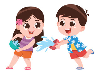 Fototapeta premium Happy Kids Splashing Water During Songkran Festival – Cute Summer Cartoon Illustration