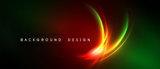 Obraz premium Dark background features vibrant red, green gradients. Curved lines create dynamic visual effect. Text reads background design.