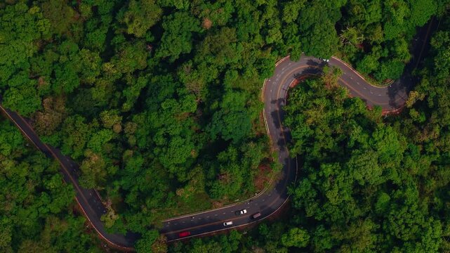 Aerial tracking shot of cars driving along winding mountain road through dense forest canopy from above.