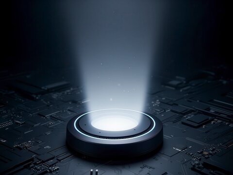 Perspective view of a futuristic dark cybernetic flat pad emitting a glowing energy beam, advanced wireless charging and magnetic levitation concept