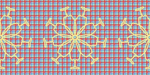 Seamless abstract floral pattern with yellow line art flowers on a vibrant red and blue geometric grid background. Modern textile design with a symmetrical mandalas and creative plaid texture. © Mr. Han Han