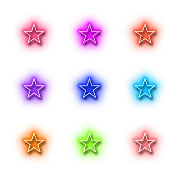 Collection of nine colorful neon glowing star outline icons with vibrant luminosity.