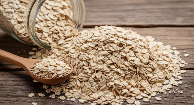 A wooden spoon filled with oats next to a glass jar on a rustic wooden table