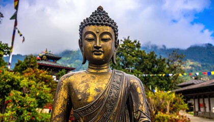 Obraz premium A serene golden statue of Buddha stands in front of a temple against a mountain backdrop