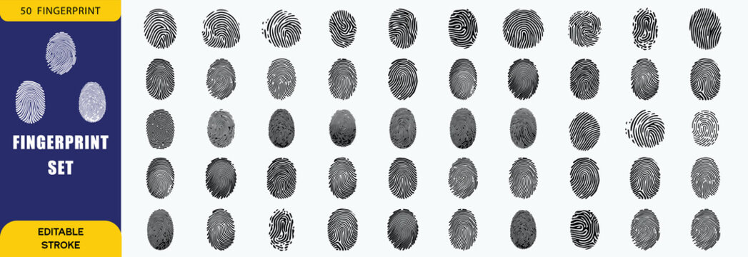 Collection of fingerprint icons for detective work. Ten different thumbprint patterns with detailed ridges. Police identification and criminal record verification set
