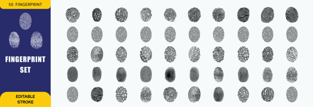 Collection of fingerprint icons for detective work. Ten different thumbprint patterns with detailed ridges. Police identification and criminal record verification set