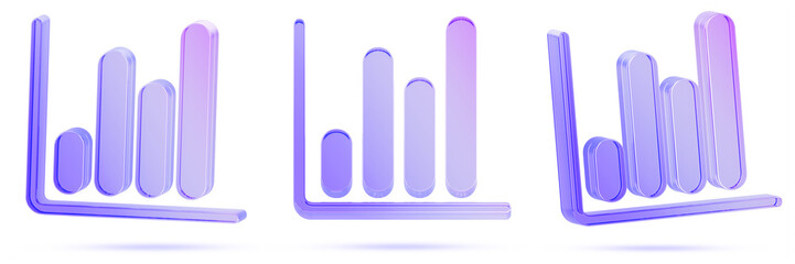 3d glass holographic bar graph icon set. Isometric infographic chart diagram with blue purple neon gradient for financial stock analysis fintech. Business growth, data presentation. 3D illustration
