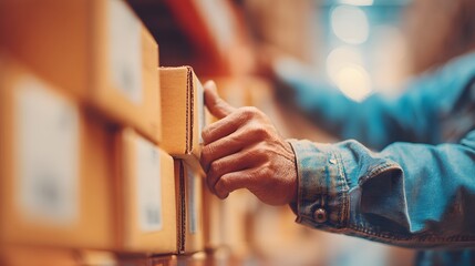 Obraz premium Hand grips cardboard box in warehouse aisle