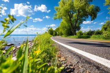 Fototapeta premium Serene Lakeside Road Reflected in Bright Summer Sky with Lush Greenery