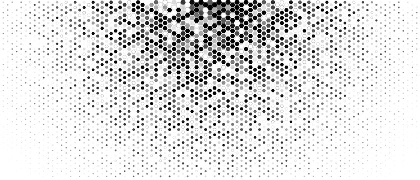 Hexagon halftone drips downward, calm mood. Cells fade, density drop top bottom. Topics technology, data. Use background, banner, website, slide, print. Minimal monochrome. Vector illustration