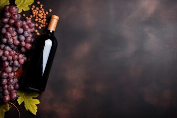 Naklejka premium Red wine bottle with ripe grapes and nuts on a dark background providing generous copy space