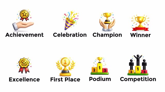 Animated Achievement and Winner Icons Set &ndash; Champion, First Place, Podium, Competition with Transparent Background