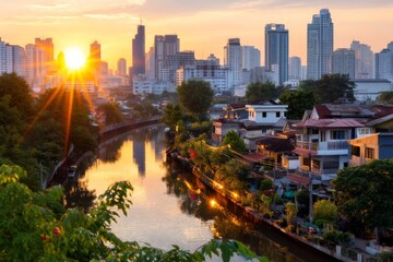 Fototapeta premium Pollution and Smog Covering City Skyline at Sunset Over River View