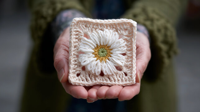 Crocheted Daisy Granny Square in Artist Hand