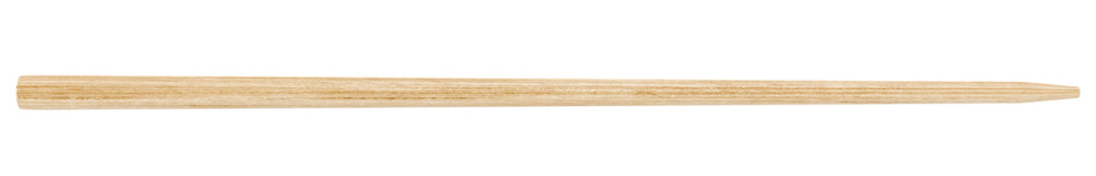 close up macro view of a single natural wooden toothpick or culinary skewer showing detailed grain texture and sharp point.