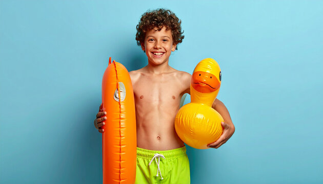 Happy curly haired boy in neon green swim shorts holding orange inflatable ring and yellow rubber duck smiling at camera isolated on vibrant light blue studio background
