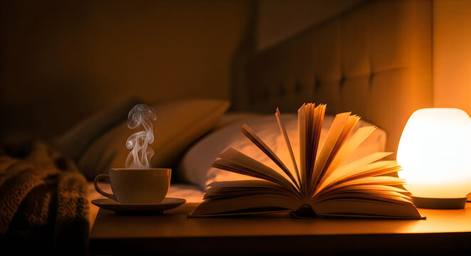A serene bedside scene with an open book and a steaming cup, lit softly by a lamp, creating a cozy atmosphere