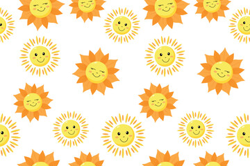 Seamless pattern with cute smiling sun and sunshine characters with yellow and orange rays on light background