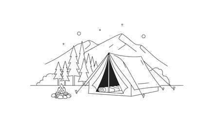 Cozy camping tent with a campfire under the stars in the mountains on an isolated white background. © yosef