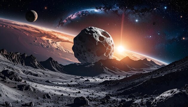 Cosmic landscape cratered moonscape with asteroid, planet, nebula, and bright light