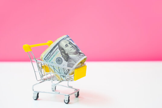 US dollar banknote in shopping cart on pink background finance concept