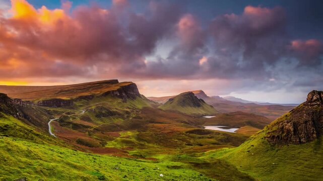 Dramatic sunset sky with orange clouds over rugged Scottish highlands landscape with rolling green hills and winding road leading through valley