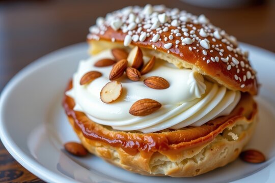 A close up of an authentic Swedish Semla pastry, a cardamom bun overflowing with almond paste and whipped cream.
