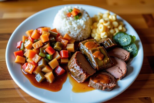 A vibrant Hawaiian plate lunch featuring two scoops of rice, macaroni salad, and Kalua Pork wrapped in ti leaves.