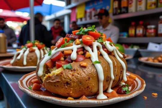 A street food stall in Istanbul serving a massive, messy Kumpir (stuffed baked potato) overflowing with toppings.