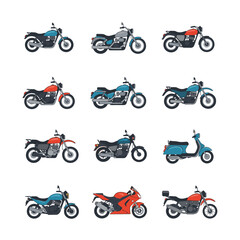 Diverse Motorcycle and Scooter Collection Flat Design Vehicle Illustrations