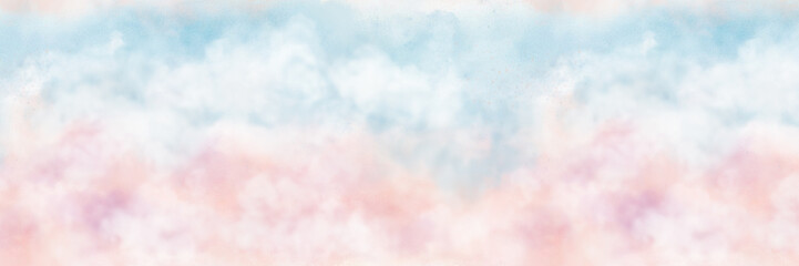 Pink clouds on blue sky, seamless pattern. Watercolor digital illustration. Delicate spring background of dawn or sunset, white and peach fluffy clouds. Abstract summer background, nature stylization