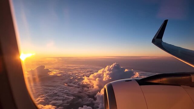 Beautiful sunset view from an airplane window above a sea of f clouds.