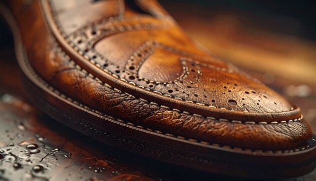 Close-up of a meticulously crafted brown leather brogue shoe, showcasing intricate perforations and classic stitching details, reflecting timeless elegance and sophisticated style