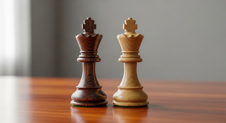 Two chess king pieces on wooden table with neutral background