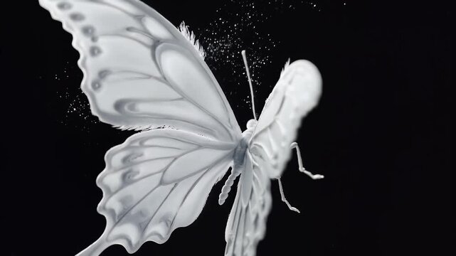 White butterfly with delicate wings and antennae on black background.