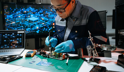 Professional technician soldering power PCB circuit board in electronics lab, showcasing hardware...