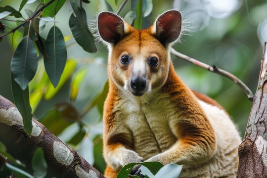 Golden mantled tree kangaroo resting on a tree branch in its natural rainforest environment