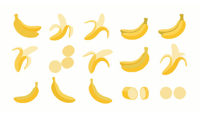 Obraz premium Flat Banana Icons Collection – Minimal Yellow Tropical Fruit Vector Set Isolated on White