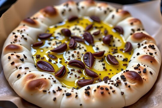 A traditional Lebanese Manakish, a flatbread heavily coated with aromatic za'atar spice and olive oil, fresh from the oven.