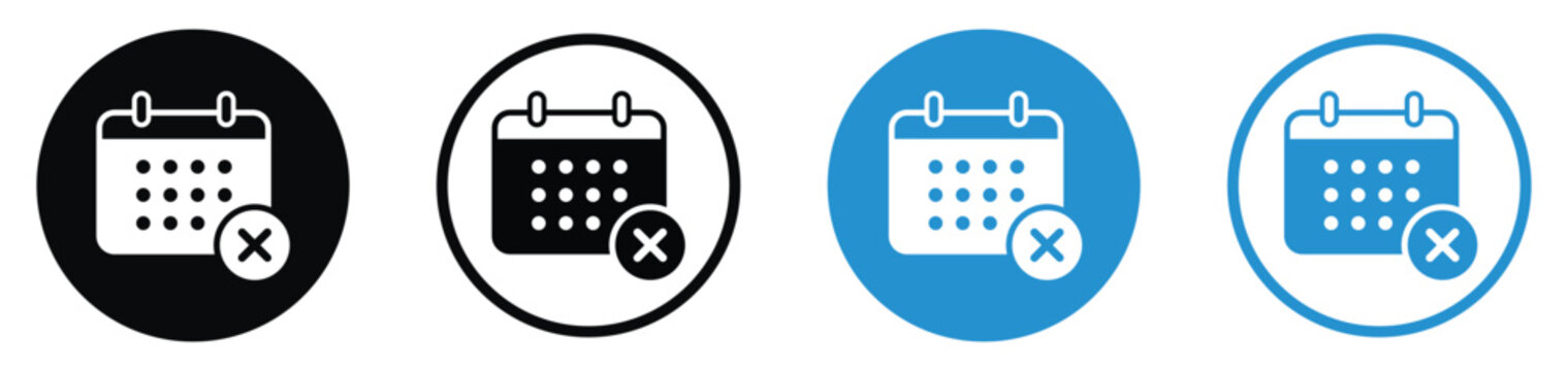 Monthly calendar with a small circular "X" badge icon. Symbol for declined meetings, canceled appointments, and unscheduling tasks. Includes black and blue variations in circle frames.