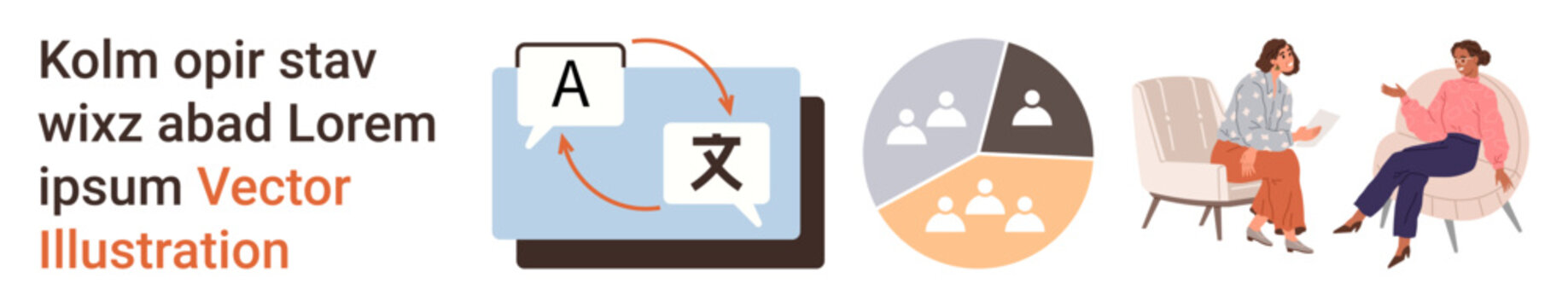 Language translation, data visualization, teamwork, cross-cultural communication, education, business tools. Screen with translation symbols, pie chart people conversing. Language translation