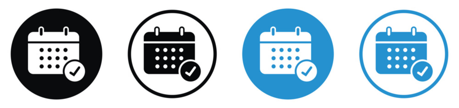 Calendar with checkmark notification icon. Symbols for scheduled events, appointment confirmation, successful booking, and time management. Available in blue and black circle variations.