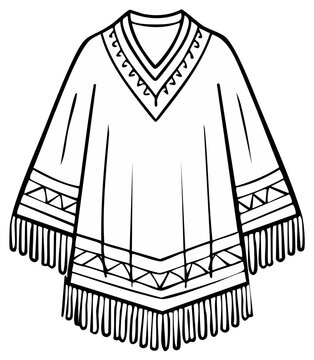 Line art poncho illustration with geometric pattern and fringe in black and white