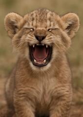 Obraz premium Playful lion cub roaring joyfully.