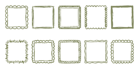 Set of olive green hand-drawn square frames and rustic doodle borders for graphic design vector illustration.