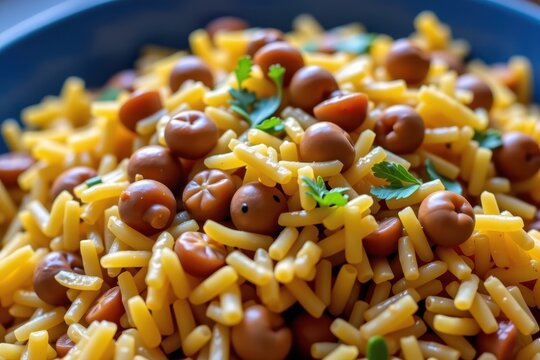 A close up of a freshly made Puerto Rican Arroz con Gandules, vibrant yellow rice cooked with pigeon peas and sofrito.