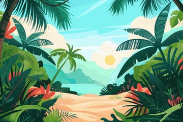 Fototapeta premium Tropical beach landscape with palm trees, lush vegetation, and turquoise water at sunrise, creating a serene and idyllic paradise