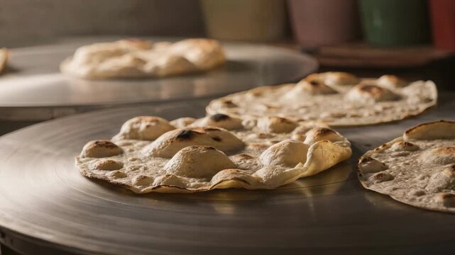Close medium view of multiple tortillas inflating simultaneously on large rotating comal plates showcasing the rhythmic motion and steam rising from the cooking process.
