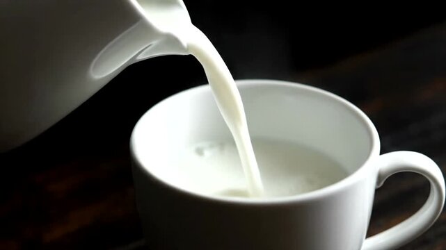 Pouring tea from teapot into empty white cup on table