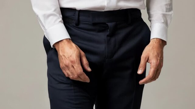 Medium shot of a man wearing a suit with elastic inserts in the waistband subtly stretching and contracting for a perfect comfortable fit during movement.
